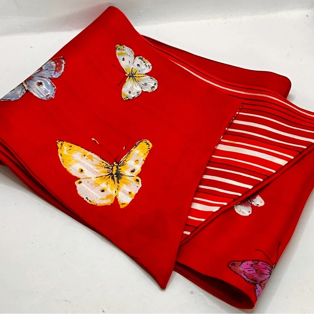 Red Butterfly Print Silk Scarf - Women's Accessory
